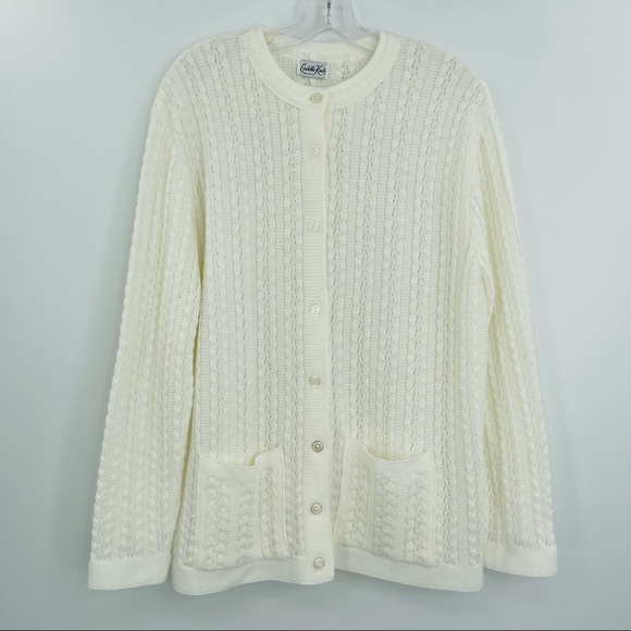 Vintage Sweaters - Vintage Cable Knit Cardigan Sweater Women's L White Preppy Textured